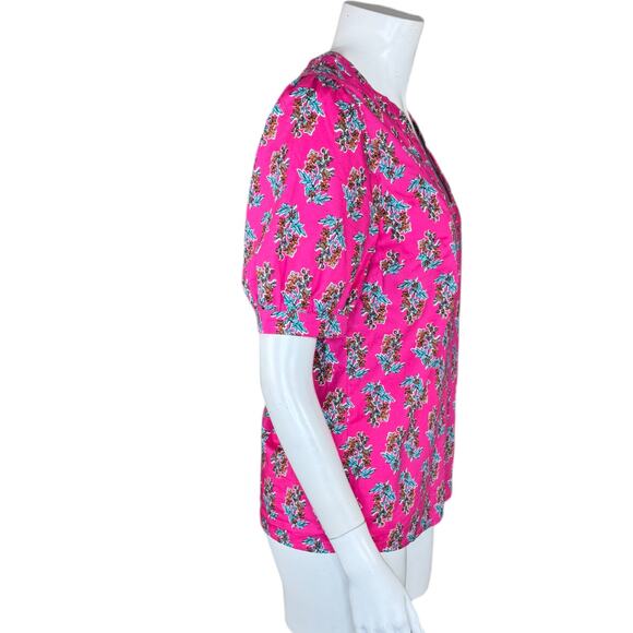 J. Crew Factory Printed Short Sleeve V-Neck Poplin Top Size XS Pink Floral - Picture 9 of 14
